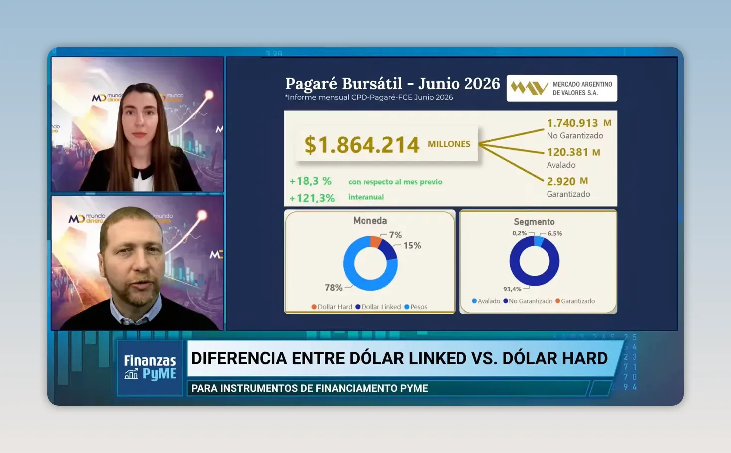 Placa de pagaré bursátil con volumen mensual y gráficos de distribución por moneda y segmento