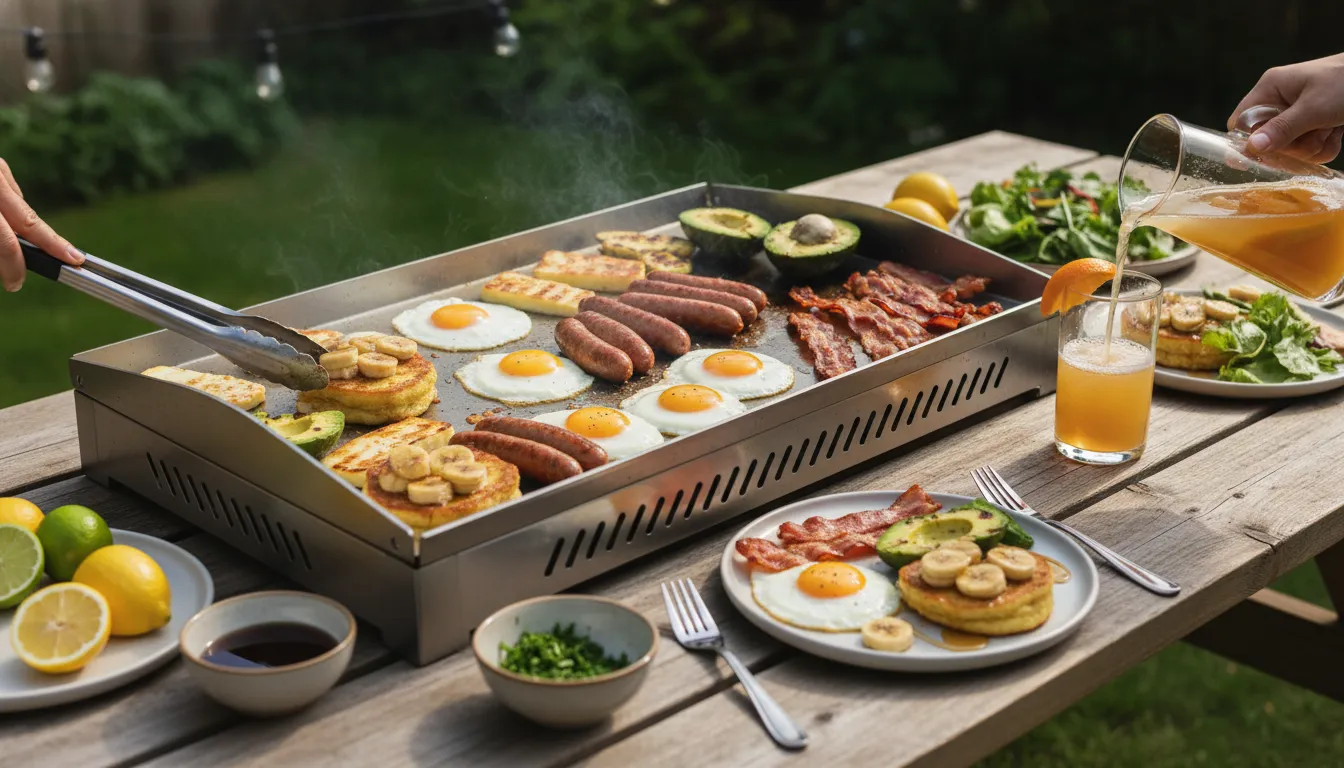 Backyard flat-griddle brunch with eggs, sausages, streaky bacon, halloumi, avocado, caramelized crumpets and a brunch cocktail