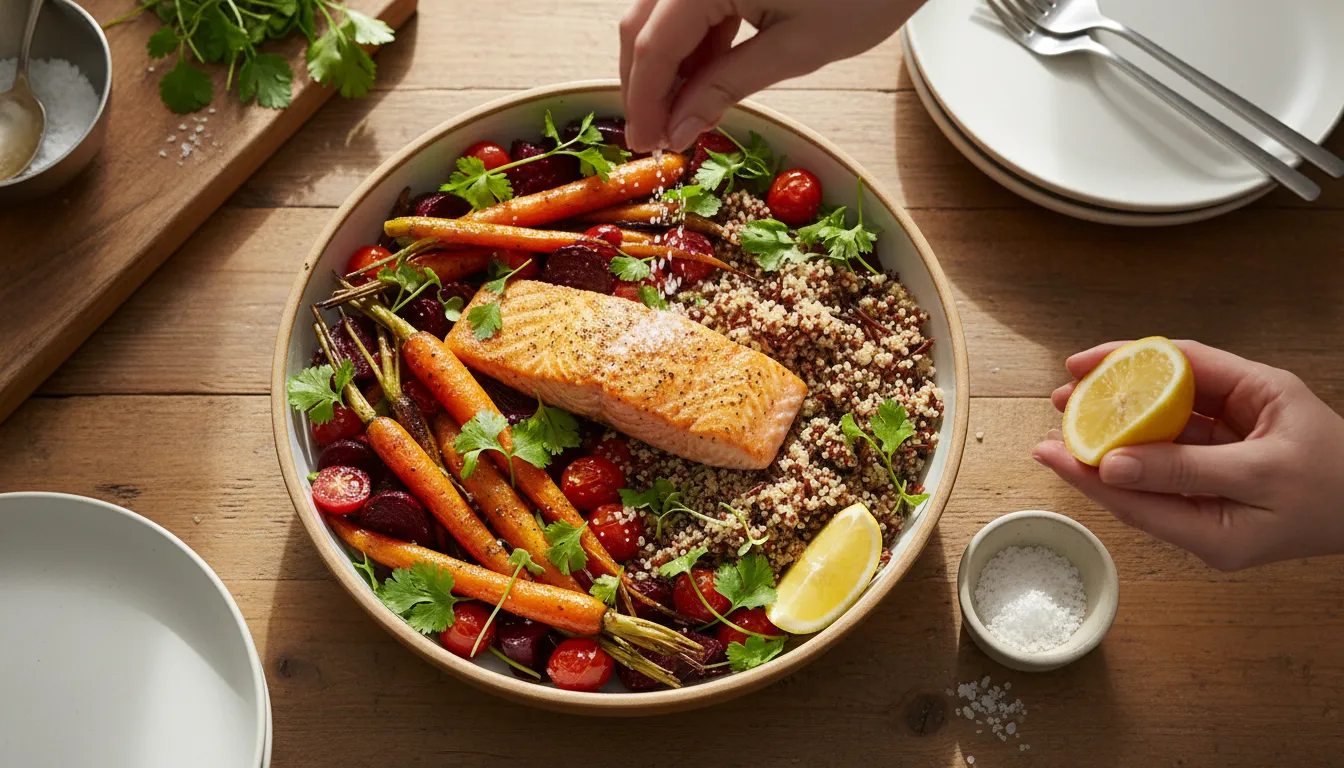 Overhead photo of a vibrant plated meal with roasted vegetables, grains, fresh herbs, and a hand sprinkling salt and squeezing lemon — bright, easy cooking inspiration