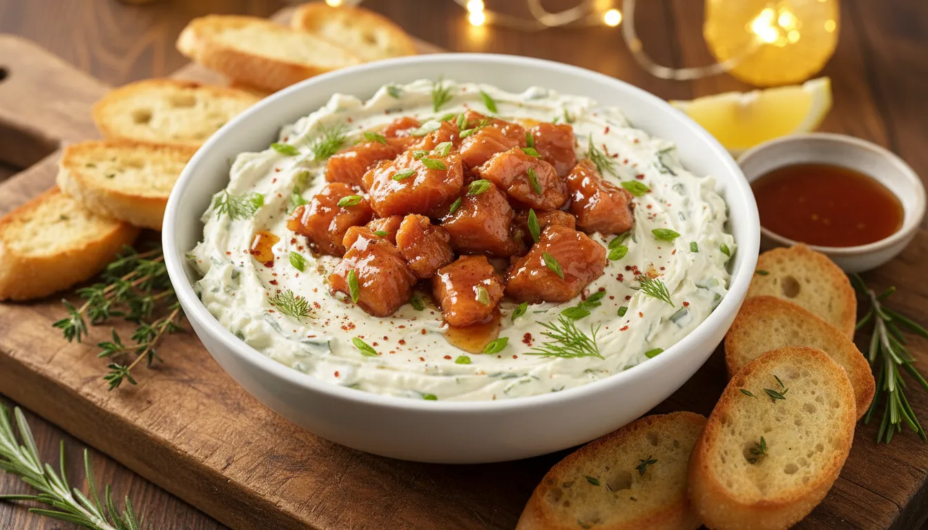 Candied hot-smoked salmon dip with glossy caramelized salmon flakes over herb-studded cream cheese, served with crackers on a rustic wooden board