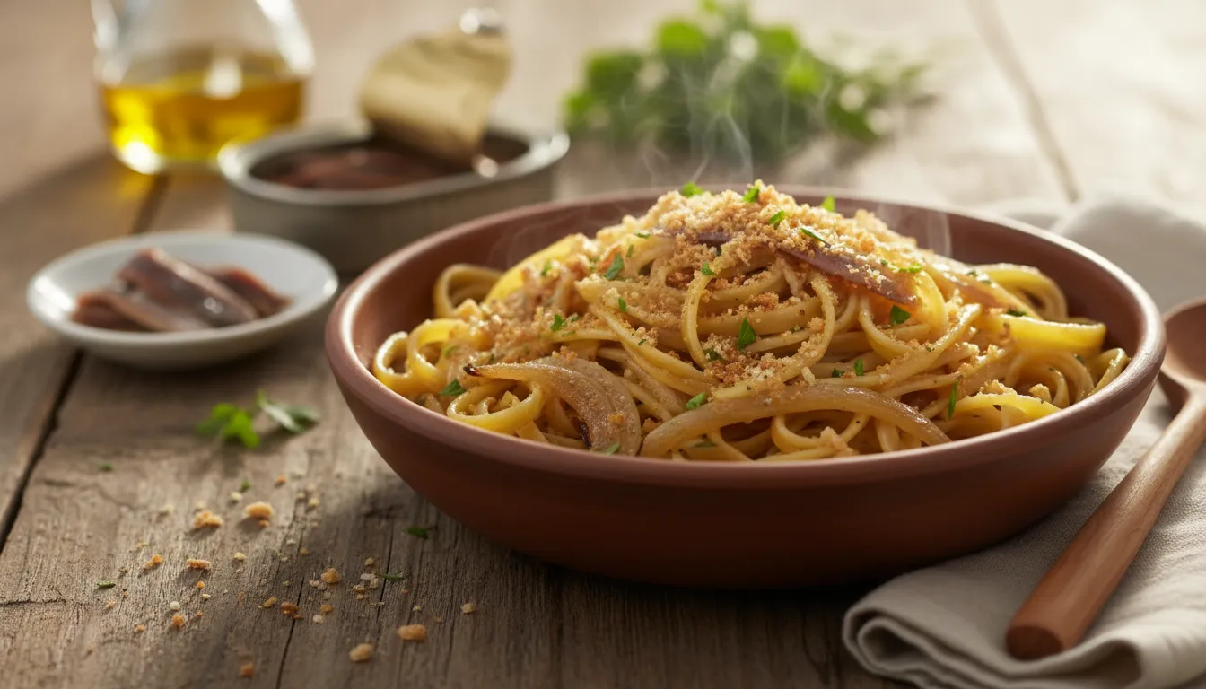 Bowl of caramelized onion pasta with glossy olive-oil sauce, golden-brown onions and toasted panko on a rustic table