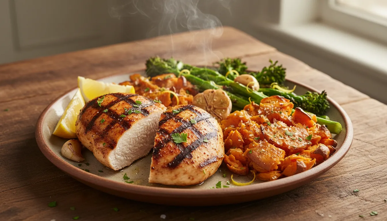 Chargrilled marinated chicken breast with lemon, smashed sweet potato and sprouting broccoli on a rustic plate