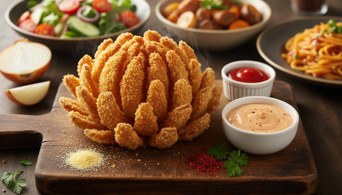 Chef-style photo of golden crispy blossom onion bites with creamy tangy dipping sauce on a rustic board, surrounded by fresh onion and spices