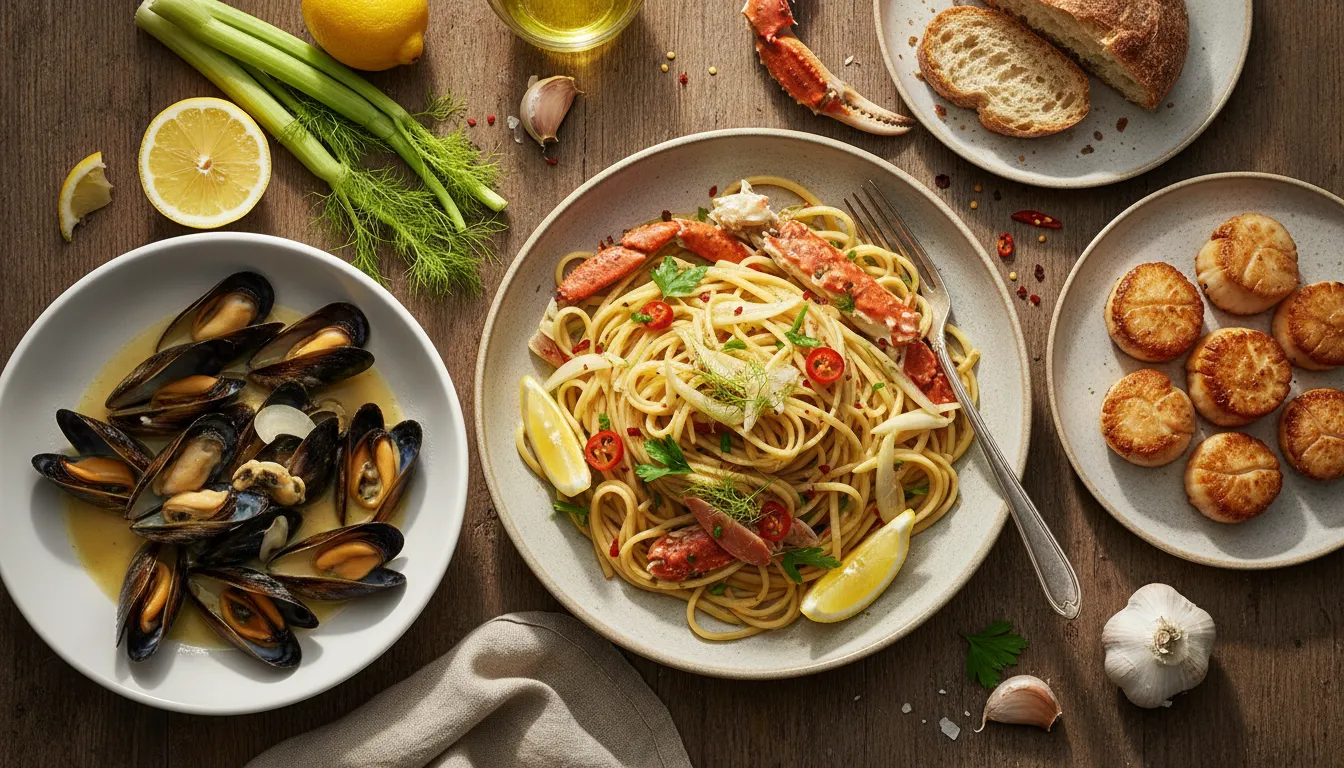 Crab linguini with fennel, lemon and chili served alongside mussels and seared scallops on a rustic wooden table