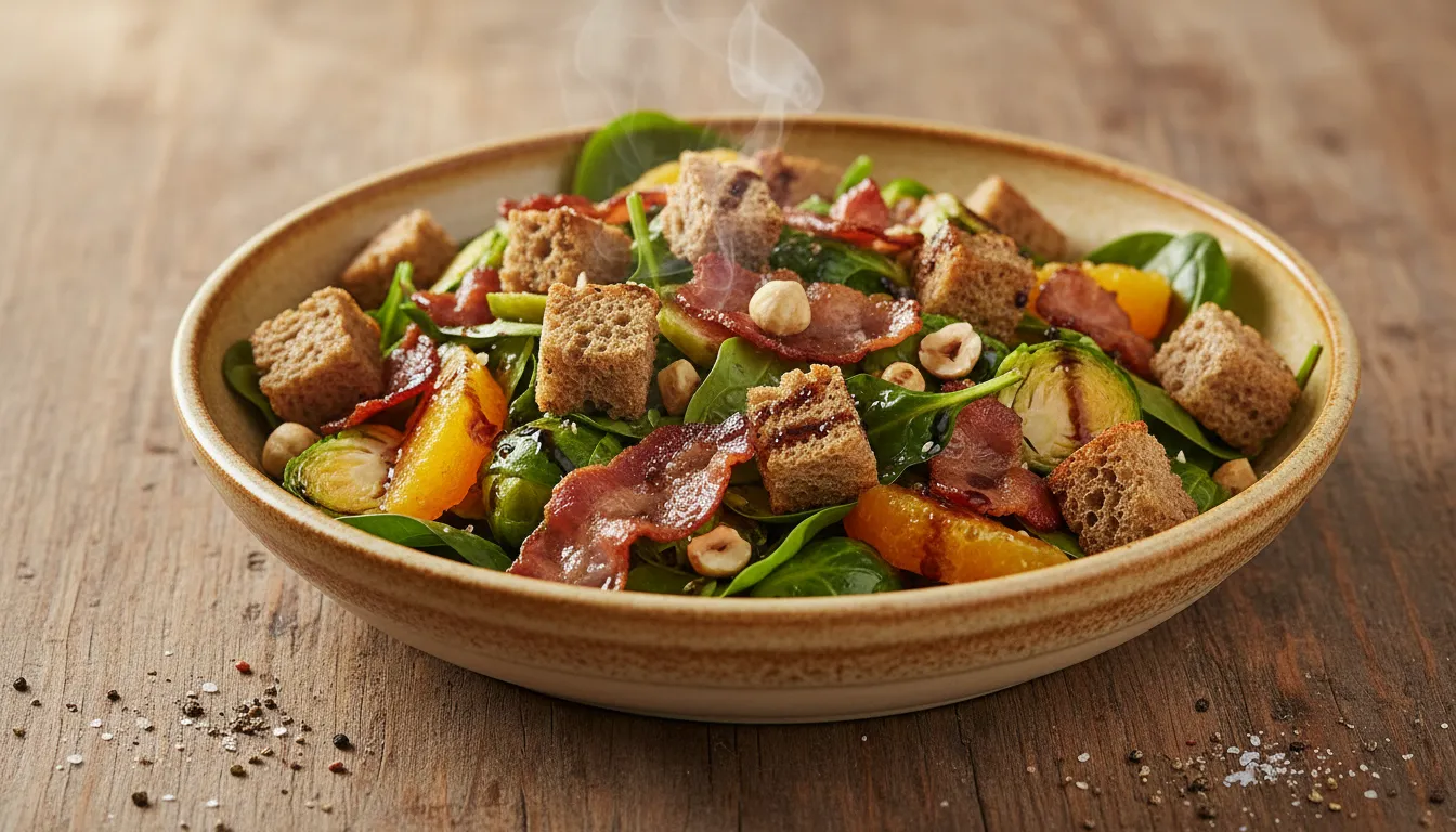 Crispy bacon and spinach salad with seeded brown bread croutons, shredded Brussels sprouts, orange segments, toasted hazelnuts and balsamic dressing