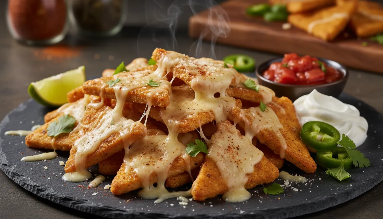 Stack of crispy ground-chicken chips arranged like nachos topped with melted mozzarella and Romano, salsa, jalapeños, sour cream, cilantro and a lime wedge on a dark platter