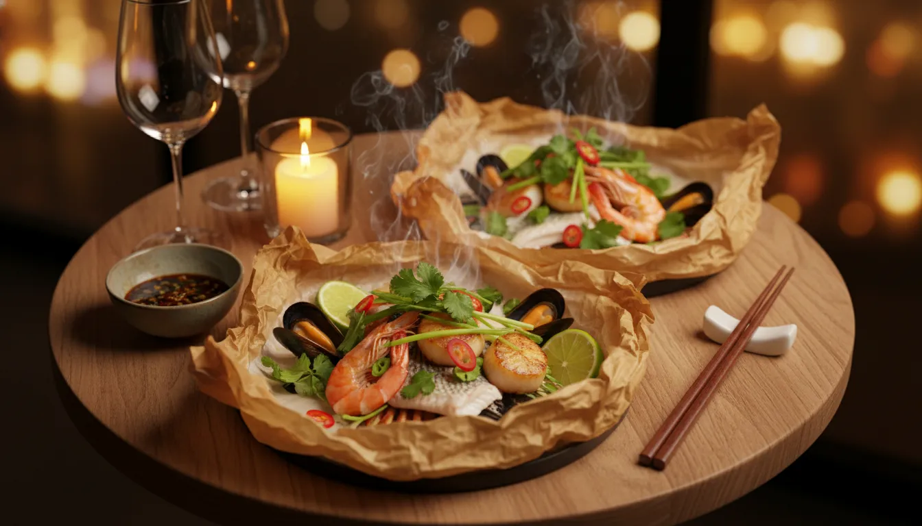 Candlelit table for two with steaming Asian seafood parcels opened to reveal prawns, mussels, scallops, herbs and lime wedges