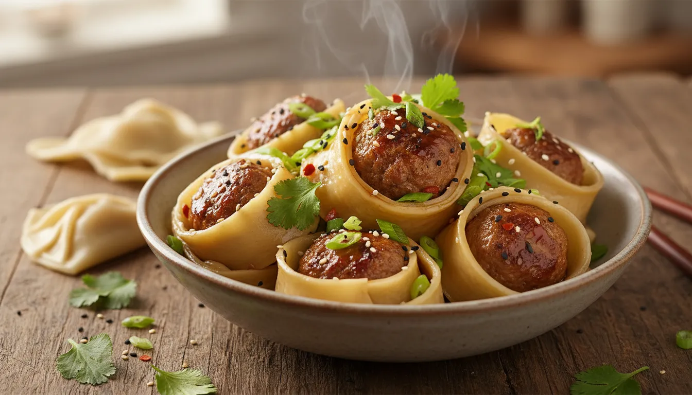 Bowl of dumpling meatball pasta mashup with wide dumpling-wrapper noodles, juicy golden-brown meatballs, glossy savory sauce, scallions and sesame seeds, steam rising