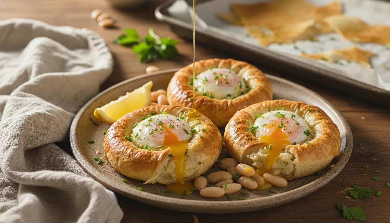 Golden filo twists filled with beans and soft-baked eggs, garnished with fresh parsley and chives on a rustic plate