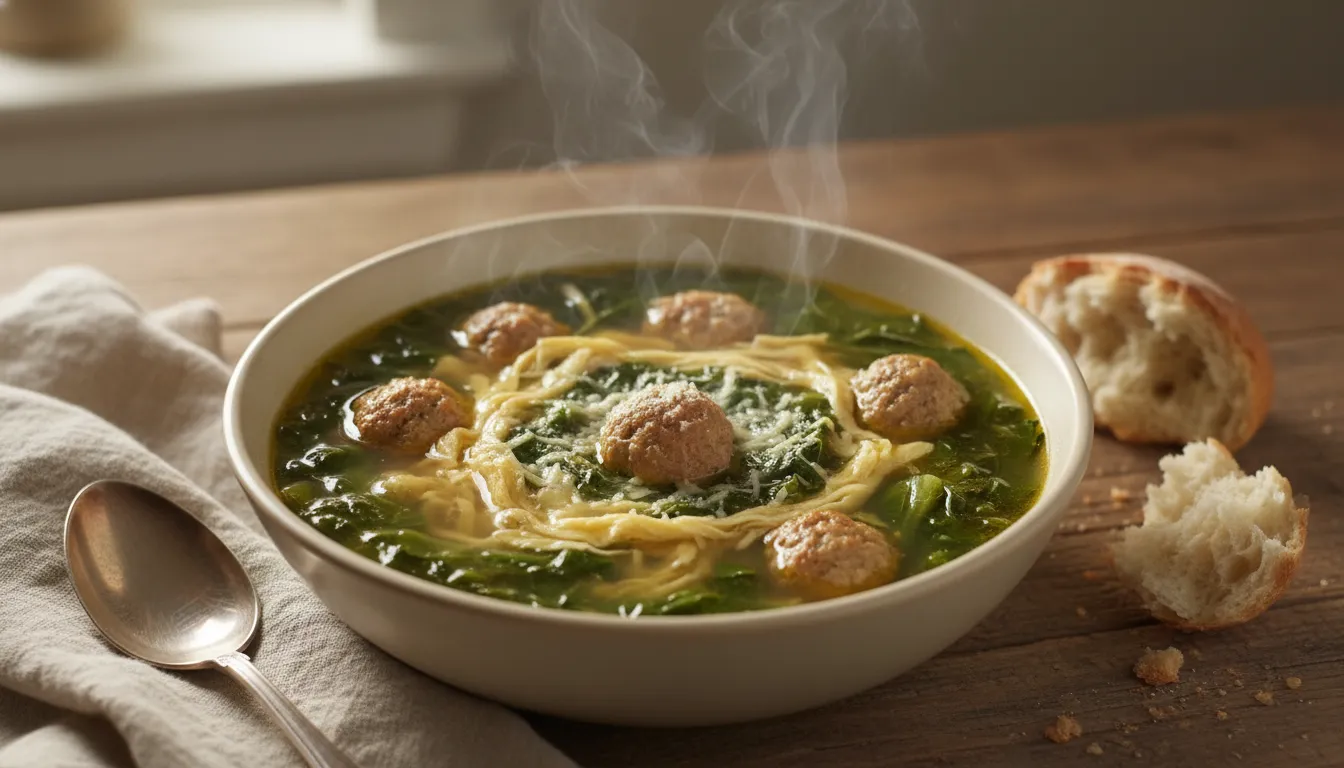 Steaming bowl of escarole soup with tiny meatballs, clear golden broth, egg ribbons and grated Parmesan on a rustic wooden table