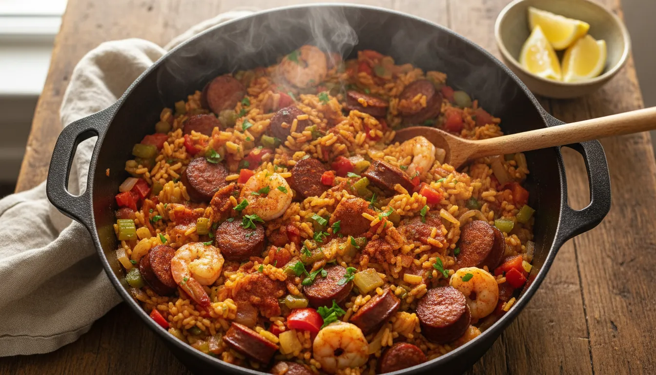 Steaming one-pot jambalaya in a cast-iron pot with shrimp, Andouille sausage, rice, bell peppers and parsley on a rustic wooden table