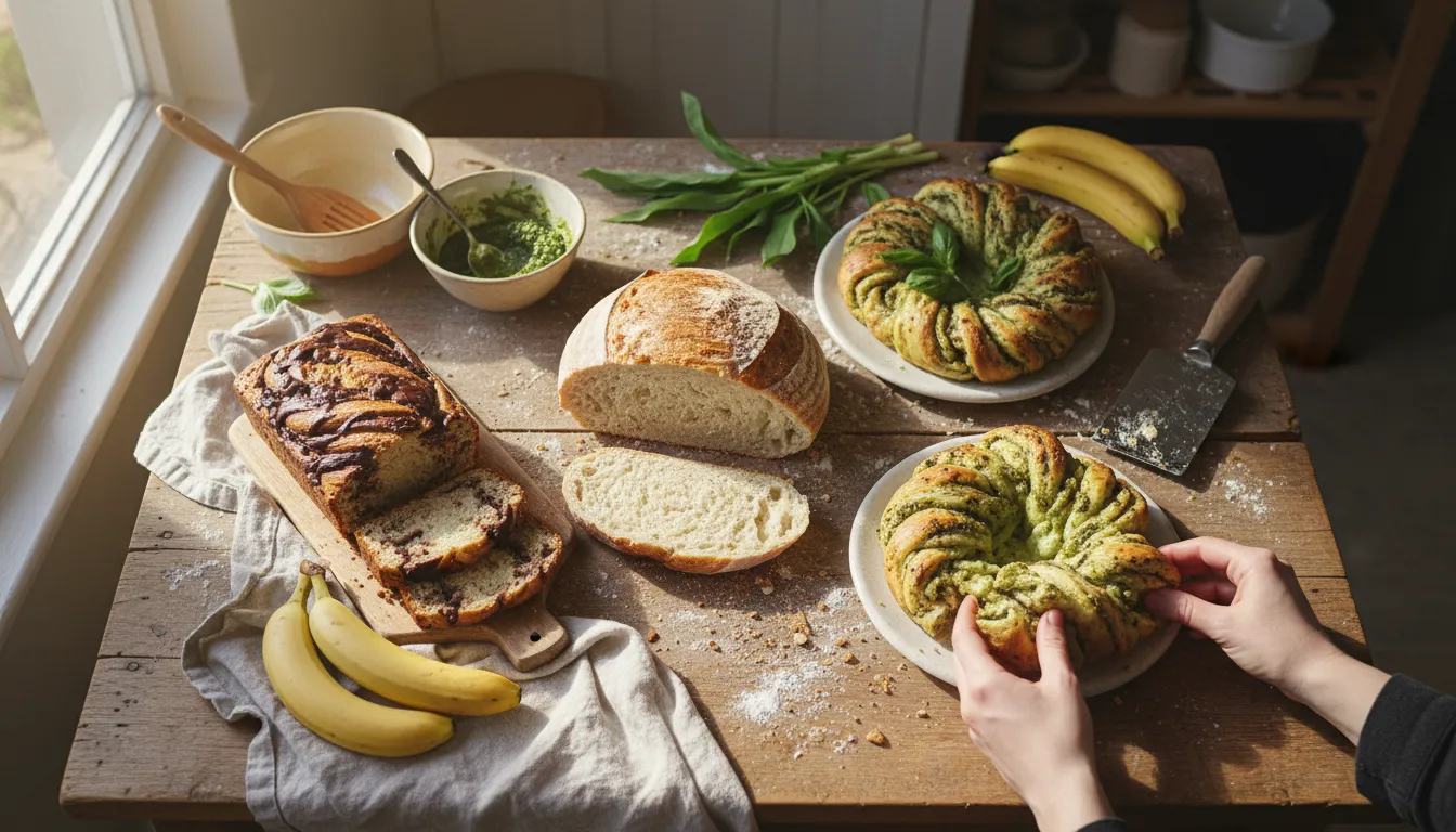 Warm overhead scene of five homemade breads—classic loaf, pesto twister, wild-garlic tear-and-share, chocolate twister and sliced banana loaf—on a rustic table with baking tools and natural sunlight.