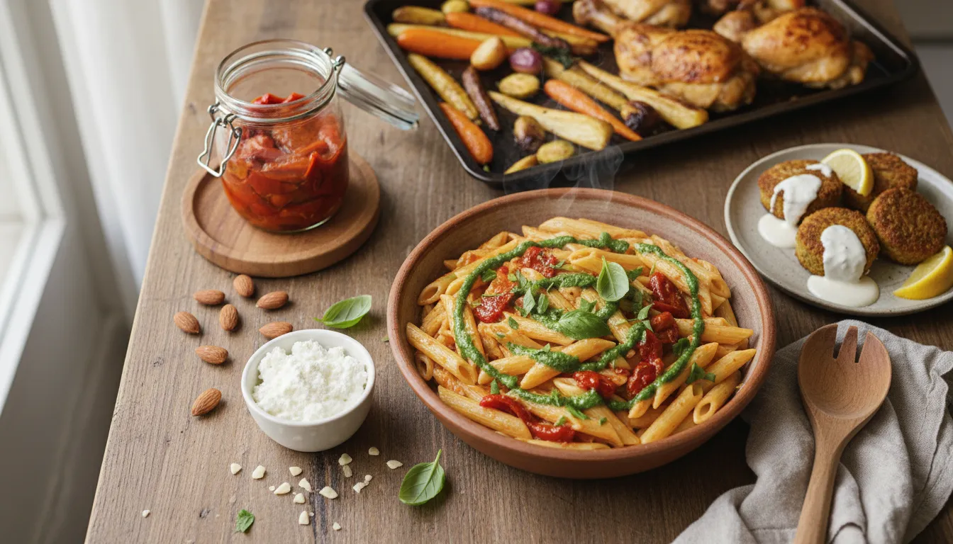 Overhead view of penne in creamy roasted-red-pepper sauce with herb oil, jarred peppers, almonds, tray bake and falafel