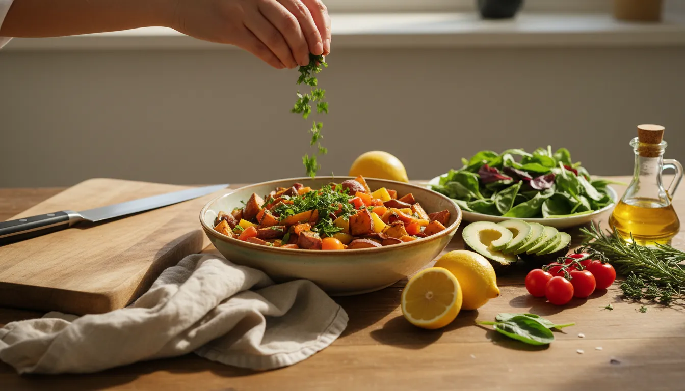 Sunlit home kitchen with hands sprinkling herbs over a colorful bowl of roasted vegetables and fresh ingredients, conveying joyful healthy cooking for Eat Yourself Healthy Week