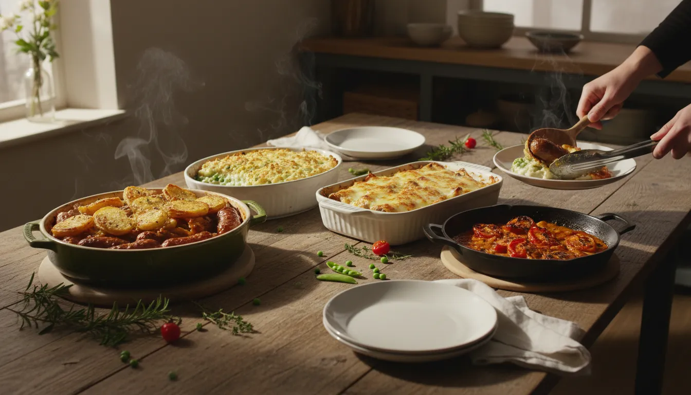 Bright home kitchen table with four family-friendly weeknight dishes — sausage casserole with crispy-top potato dumplings, sweet pea fish pie, mushroom cannelloni and pan-style butter chicken — warm, inviting easy recipes scene