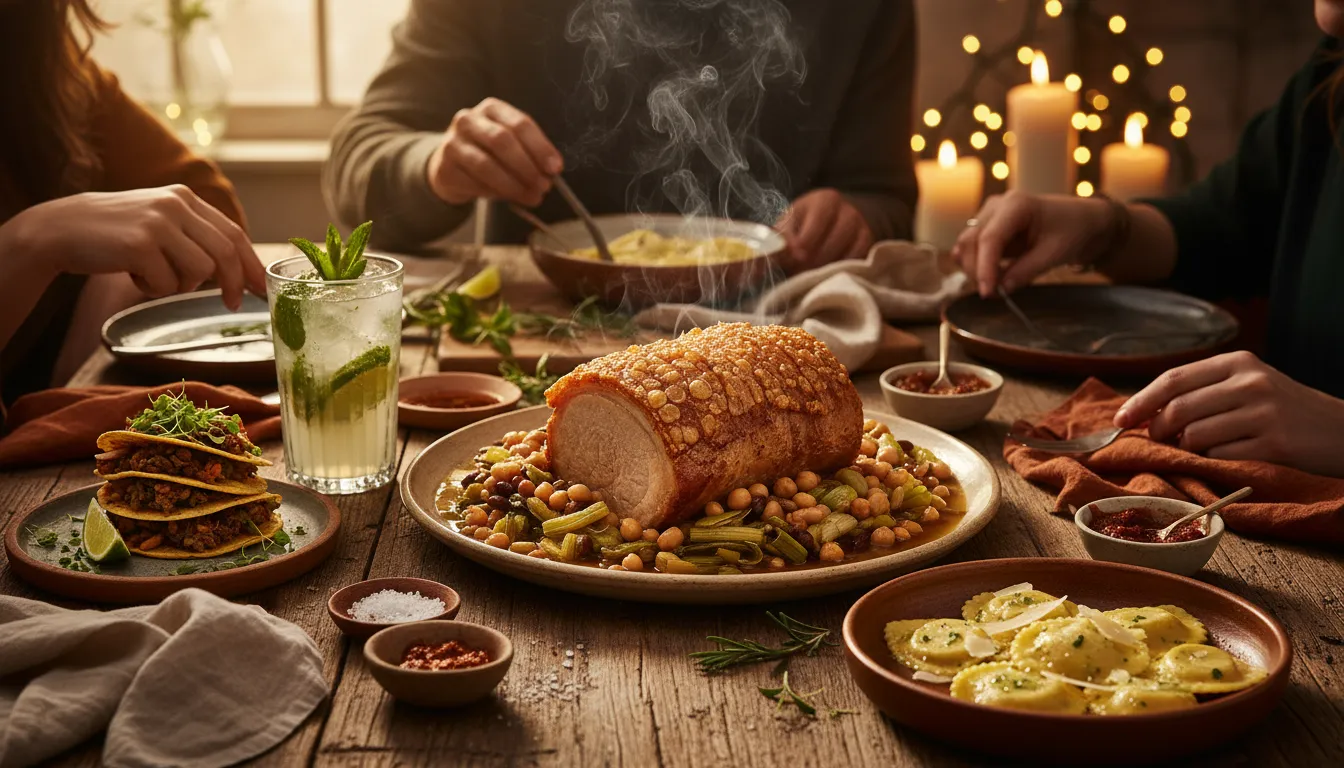 Festive supper club table with Tuscan roast pork with crispy crackling, haggis tacos, ricotta-prosciutto ravioli and a rum mojito