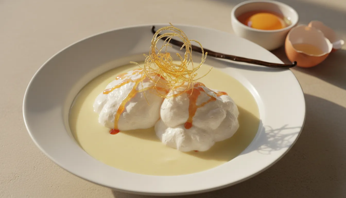 Two poached meringue islands floating on silky vanilla crème anglaise, garnished with caramel and a split vanilla bean in a white porcelain bowl
