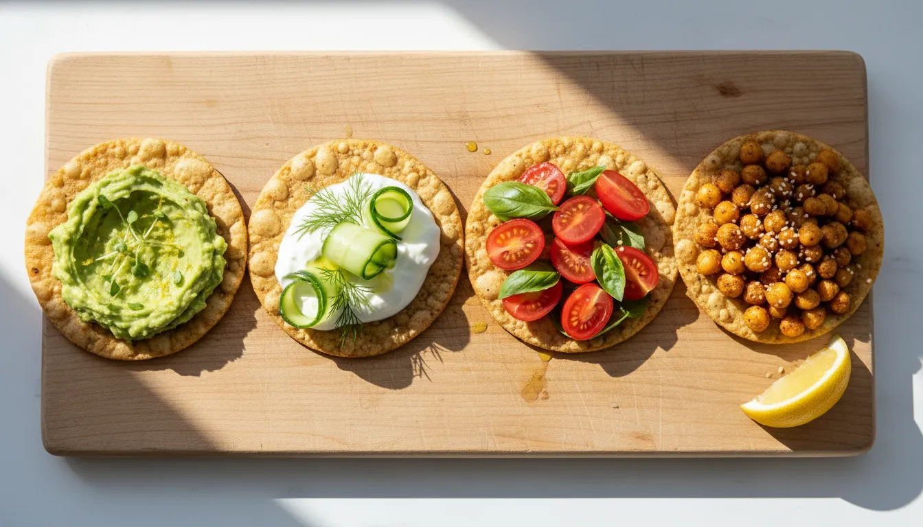 Top-down photo of four toasted poppadom superfood snacks: avocado with microgreens, Greek yogurt with cucumber and dill, cherry tomatoes with basil, and spiced roasted chickpeas.