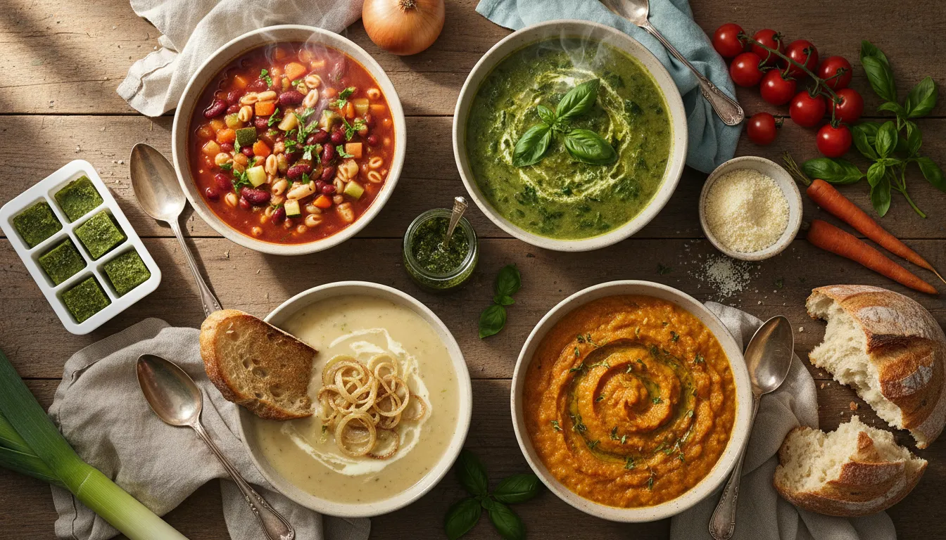 Overhead photo of four colorful vegetable soups—minestrone with cracked pasta, pesto-swirled green soup, creamy onion and leek with toasted bread, and roasted root puree—styled with herbs, crusty bread, and a jar of pesto.