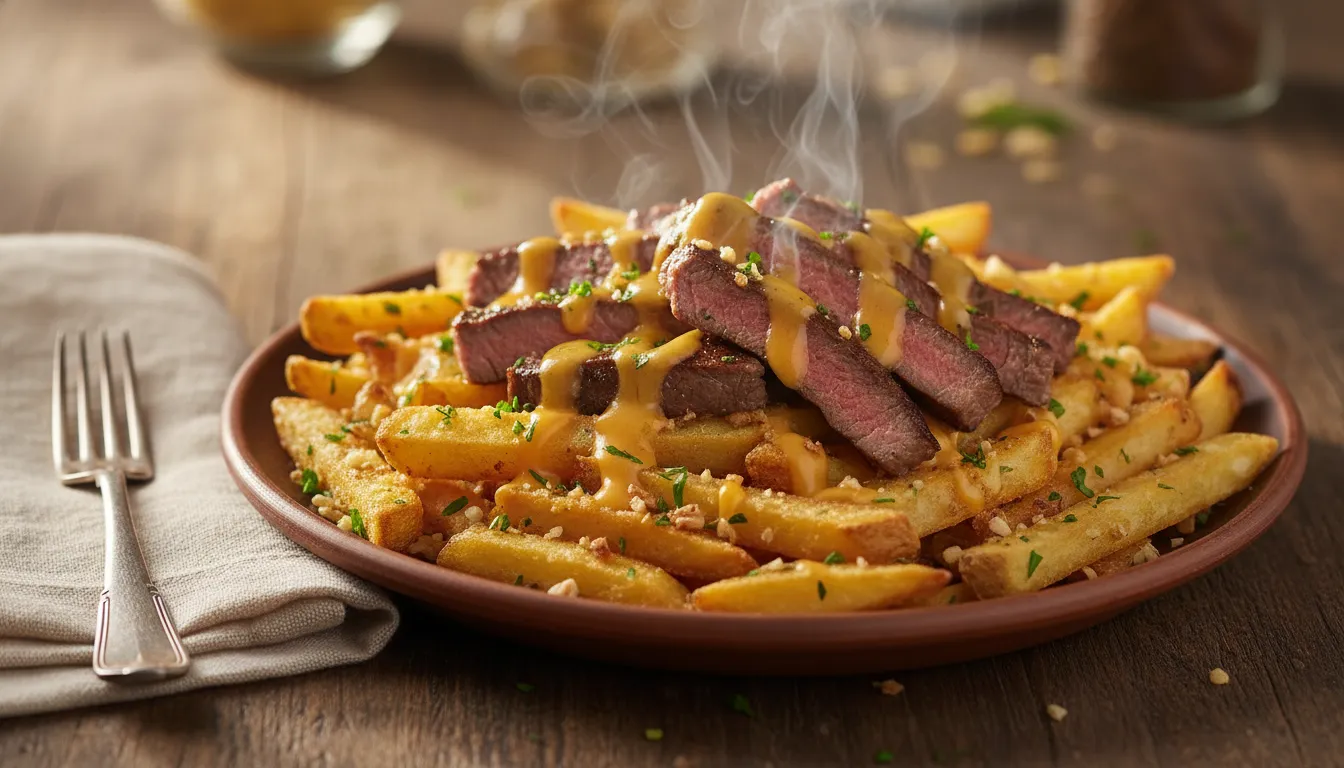 Close-up of garlic steak fries: crispy garlic-seasoned fries topped with sliced skirt steak and a silky melted cheese sauce on a rustic plate
