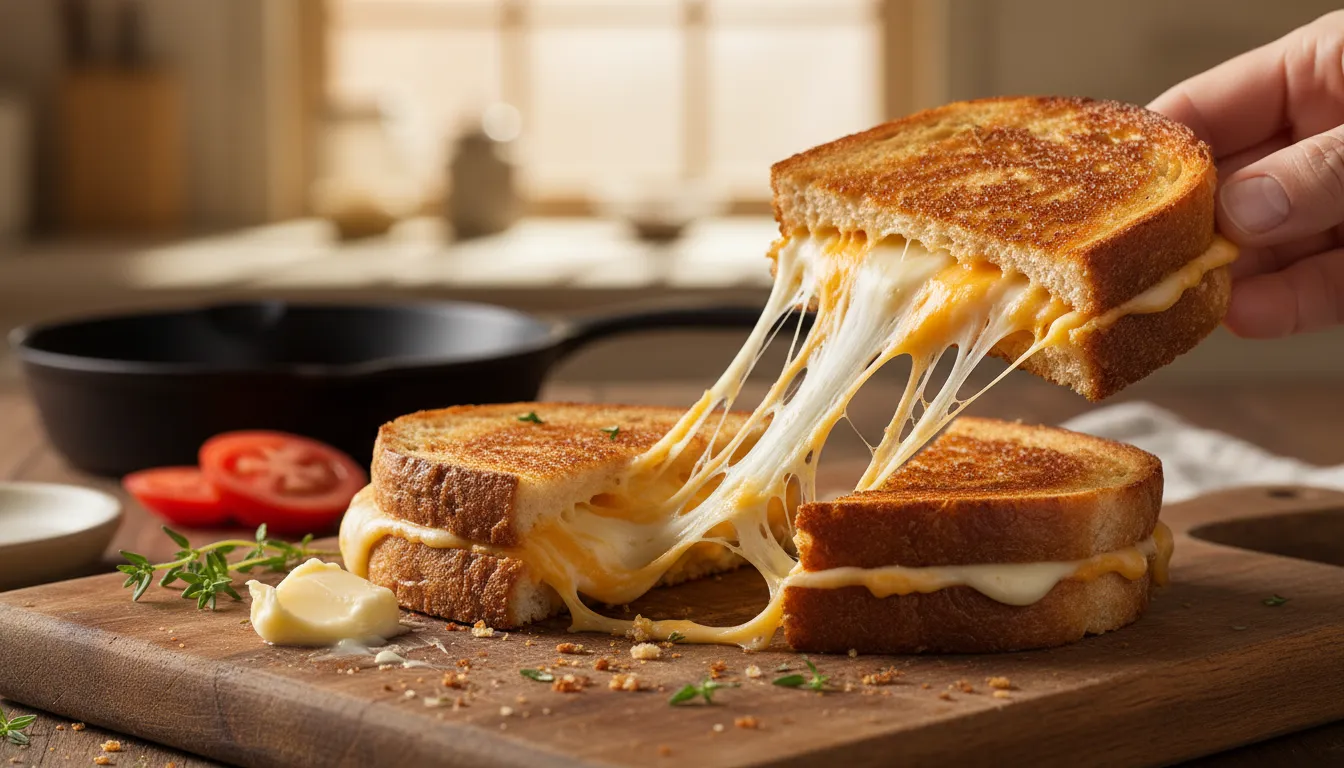 Close-up of a golden grilled cheese sandwich with a long gooey cheese pull on a wooden cutting board in a sunlit home kitchen