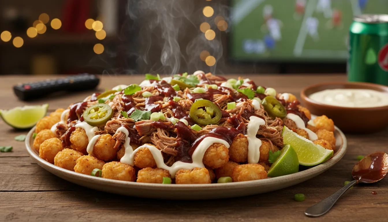 Close-up of gourmet tater tot nachos with crispy golden tots, shredded chipotle pork glazed with barbecue sauce, melted queso, jalapeños and cilantro