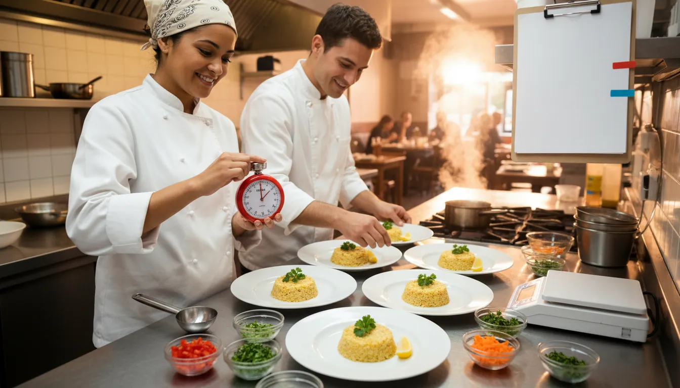 Busy small restaurant kitchen with smiling chefs plating identical dishes, organized mise en place, and an analog timer showing efficient, consistent cooking practices
