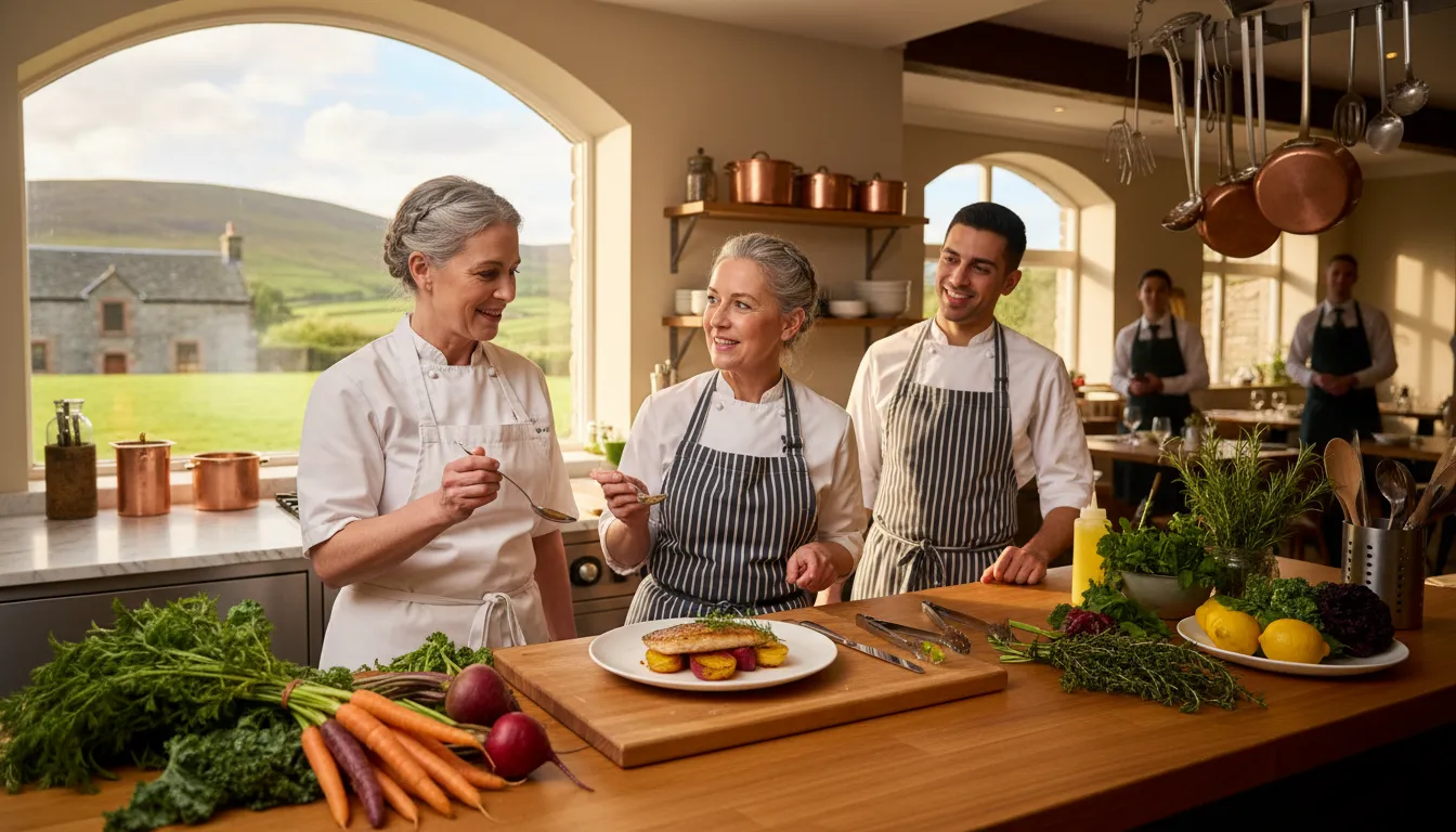 Bright Highland inn kitchen with a chef plating a simple elegant dish, fresh local produce on a wooden pass and rolling green hills visible through the window