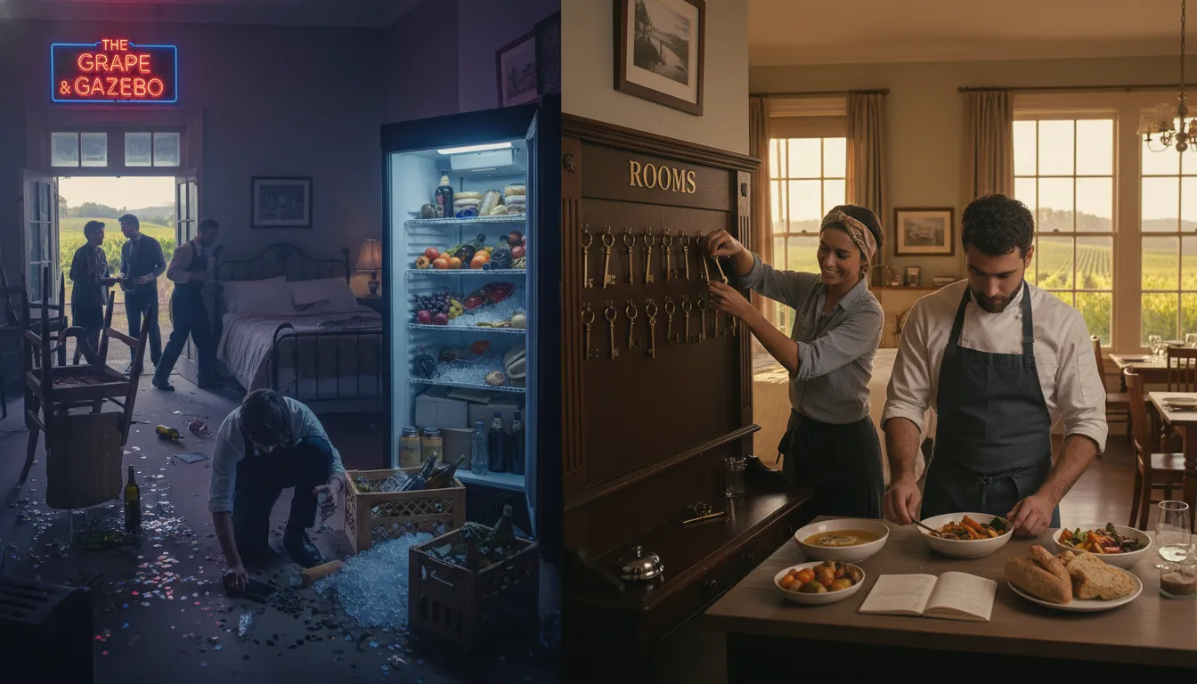 Historic hotel transformation: left shows a chaotic party and messy kitchen; right shows three young owners restoring rooms, plating simple recipes, and a cozy dining room with vineyards behind