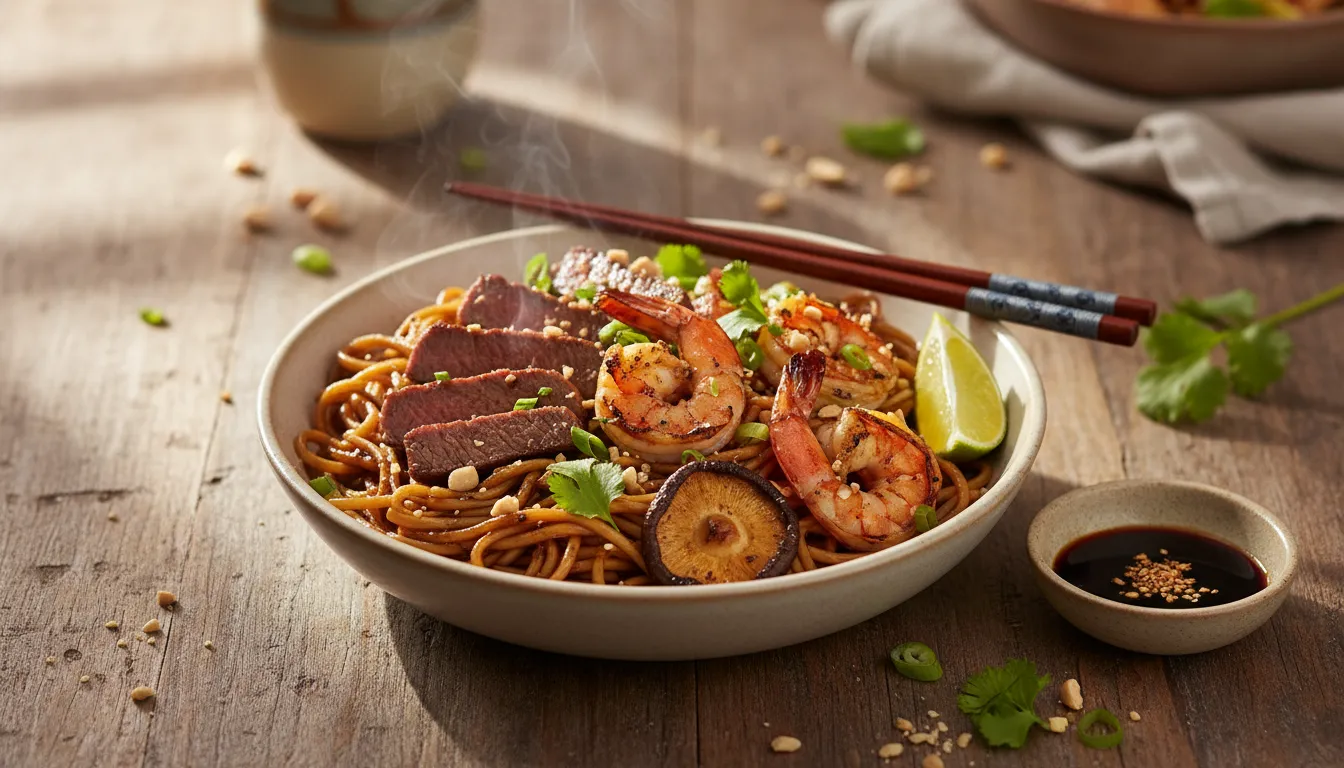 Hoisin prawn and seared steak noodle bowl with caramelized mushrooms, crushed toasted nuts, spring onions, cilantro and a lime wedge on a rustic table