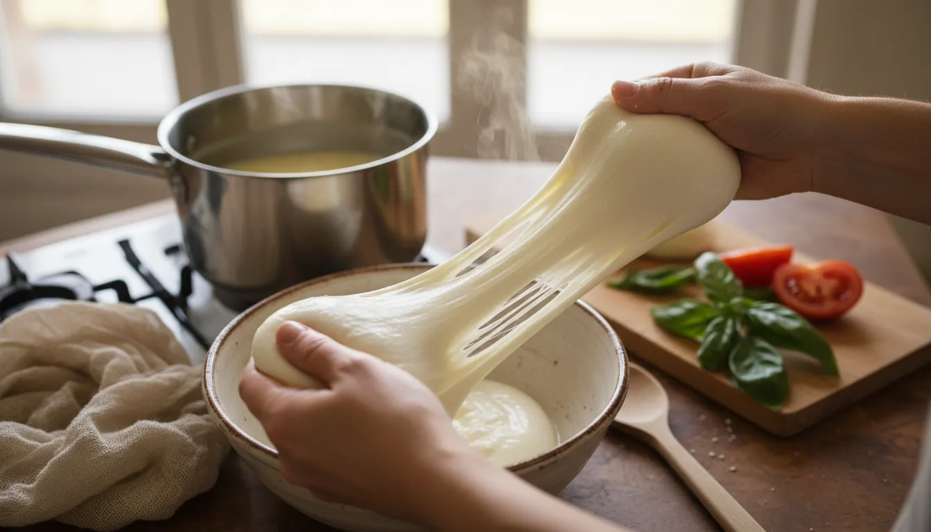 Close-up of hands stretching freshly made mozzarella in a sunlit kitchen with basil and tomatoes nearby