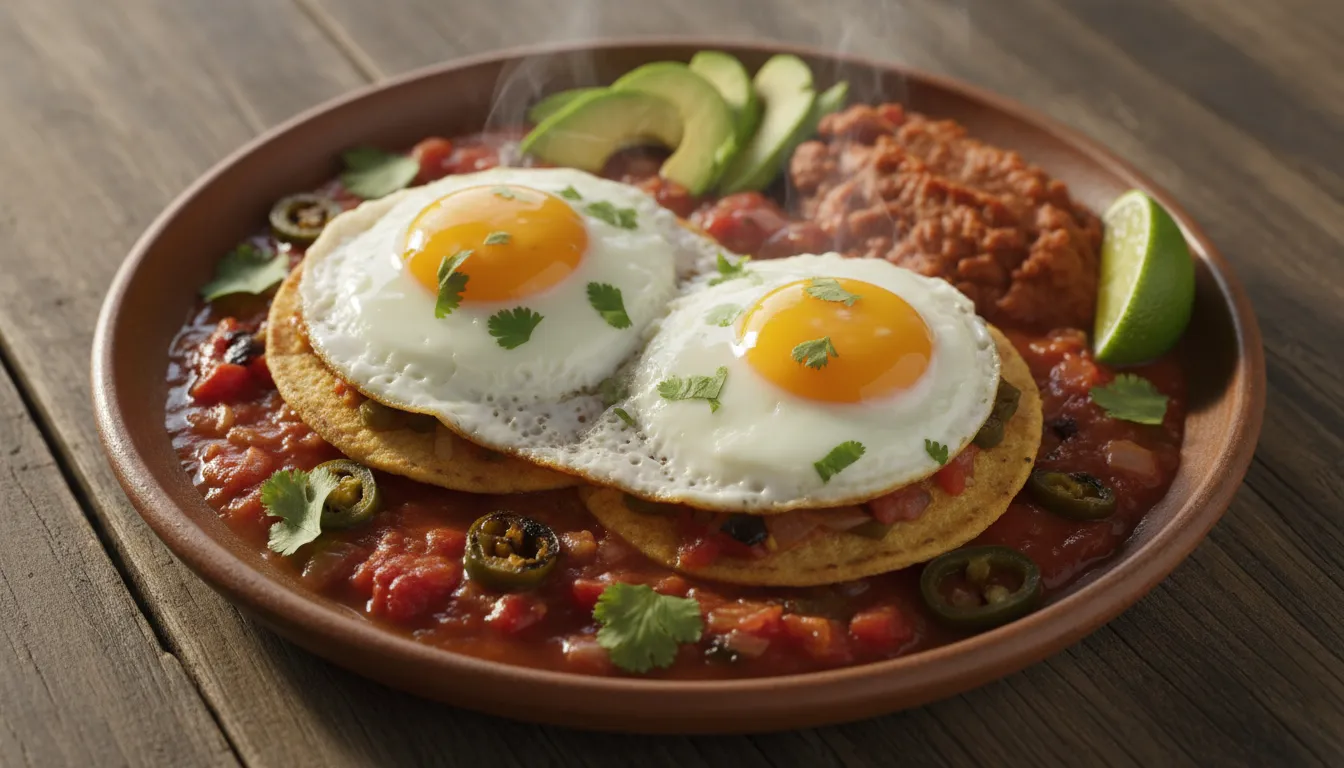 Huevos rancheros: sunny-side-up eggs on a crisp tostada with smoky charred tomato-chile salsa, avocado slices, refried beans, cilantro and lime on a rustic table