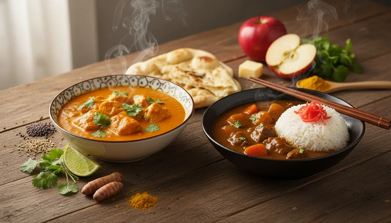 Two bowls of curry side by side on a wooden table: Indian-style chicken curry with bright orange gravy, cilantro and naan, and Japanese-style glossy brown curry with rice and pickled red ginger, with scattered spices and ingredients.