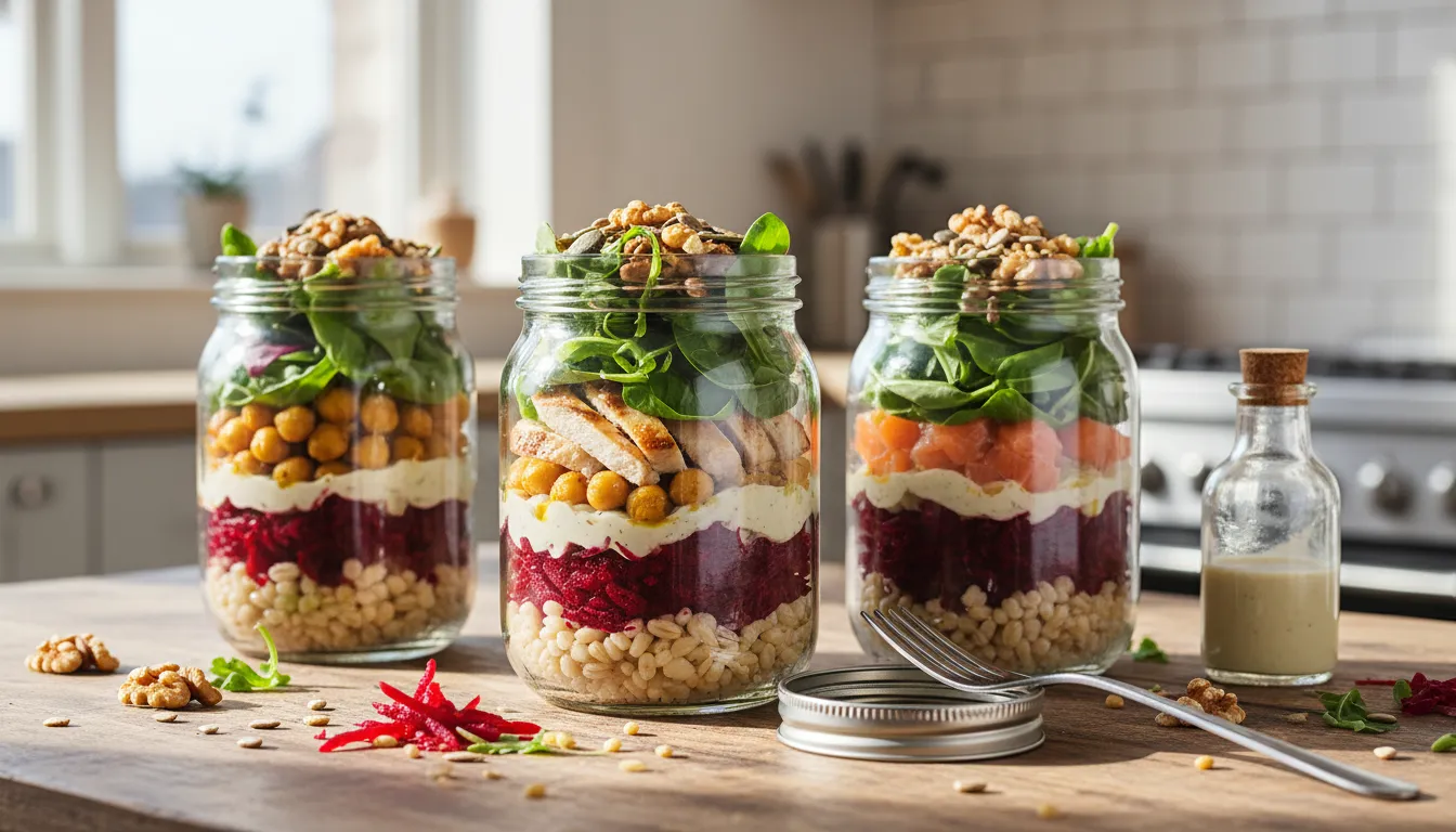 Three jam jar salads in glass mason jars layered with pearl barley, shredded beets, creamy olive oil and yogurt dressing, greens, protein and toasted nuts on a wooden table