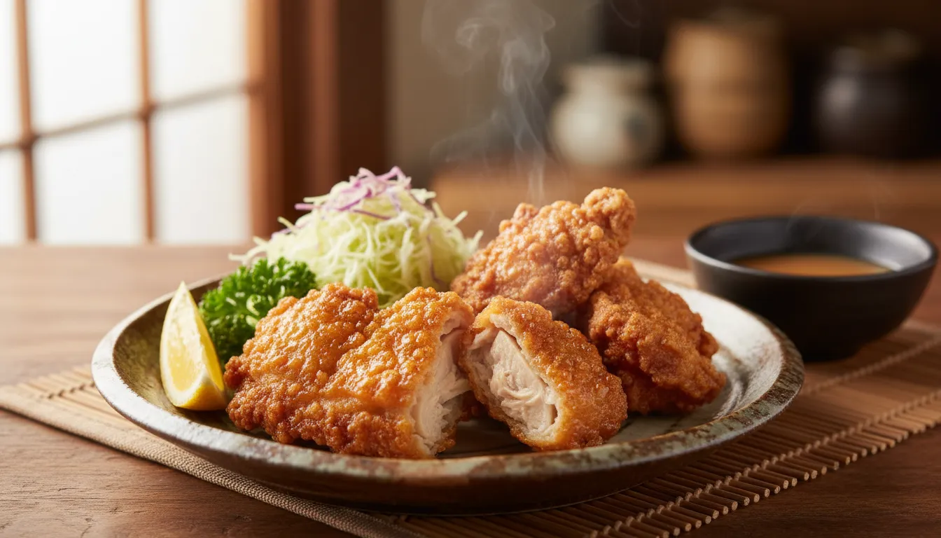 Close-up of Japanese fried chicken (karaage) with glassy extra-crisp crust and juicy interior, served with lemon wedge and dipping sauce