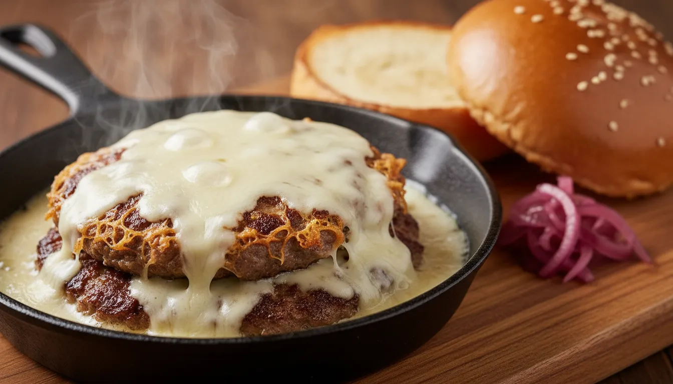 Close-up of a Japanese sizzling cheeseburger: molten white cheese bubbling and cascading over crispy smash patties in a hot cast-iron skillet with toasted brioche buns and rising steam