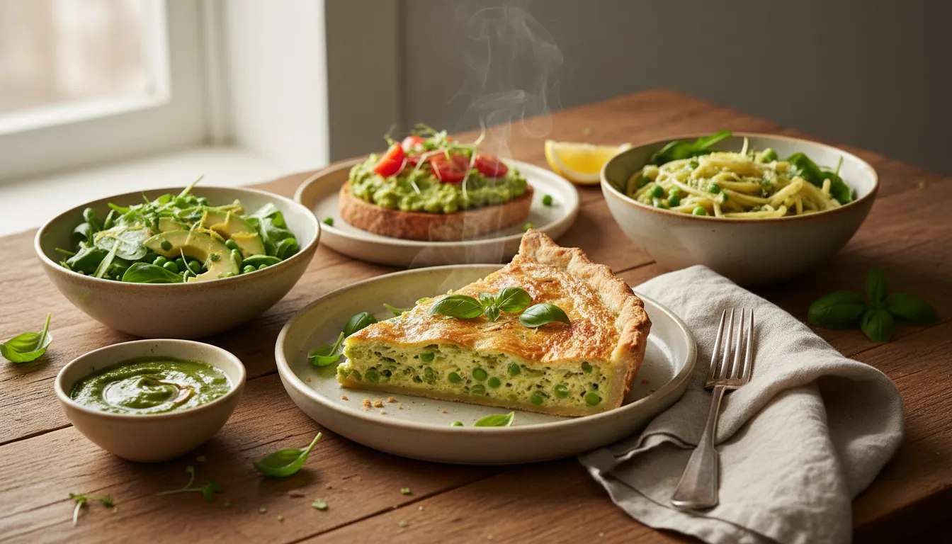 Assorted avocado dishes on a rustic table: avocado pastry quiche with peas and basil, avocado toast, avocado pasta, salad and a bowl of avocado sauce, styled with basil and lemon.