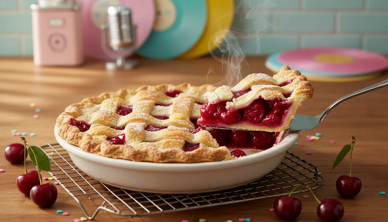 Fresh cherry pie with golden lattice crust and glossy cherry filling on a wooden countertop in a bright cozy kitchen, slice being lifted, pastel pop-inspired decor in the background