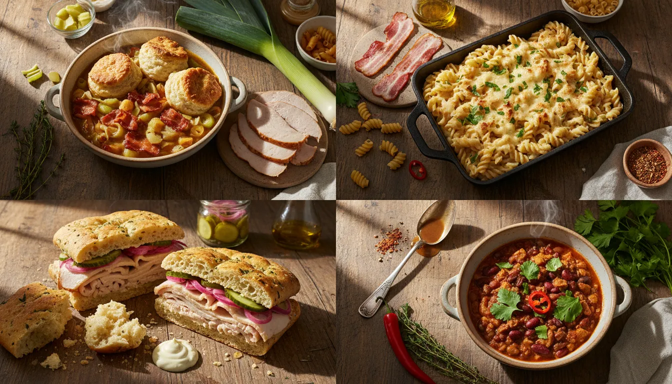 Collage of leftover turkey recipes: turkey stew with leek, bacon and biscuit dumplings; creamy one-pan turkey pasta; focaccia sandwich with turkey, pickles and gravy mayo; and spicy turkey chili on a rustic wooden table with scattered ingredients.