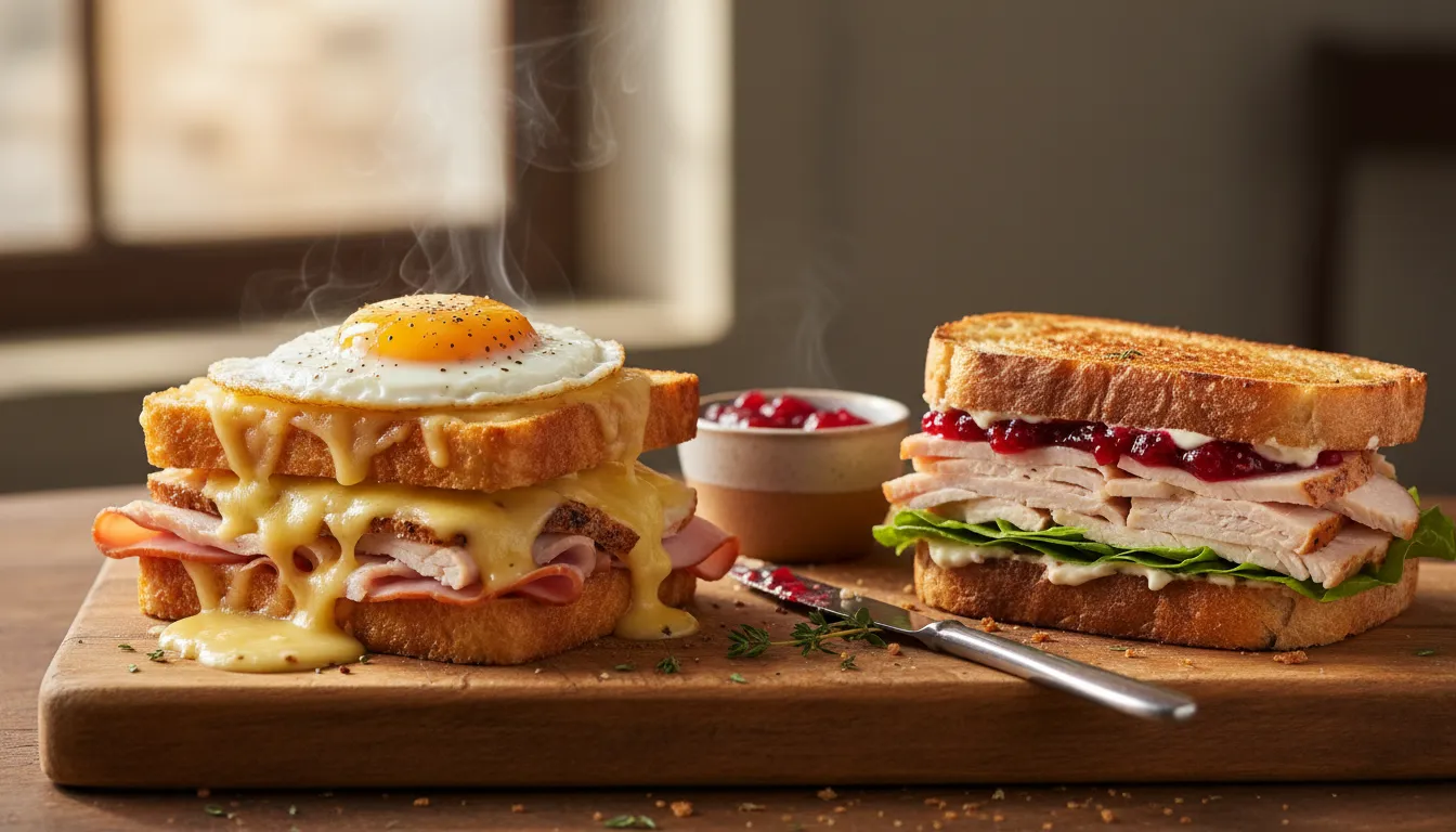 Two leftover holiday sandwiches on a wooden board: a Croque Madame with bechamel, melted cheese and a fried egg, and a toasted turkey and cranberry sandwich styled for brunch.