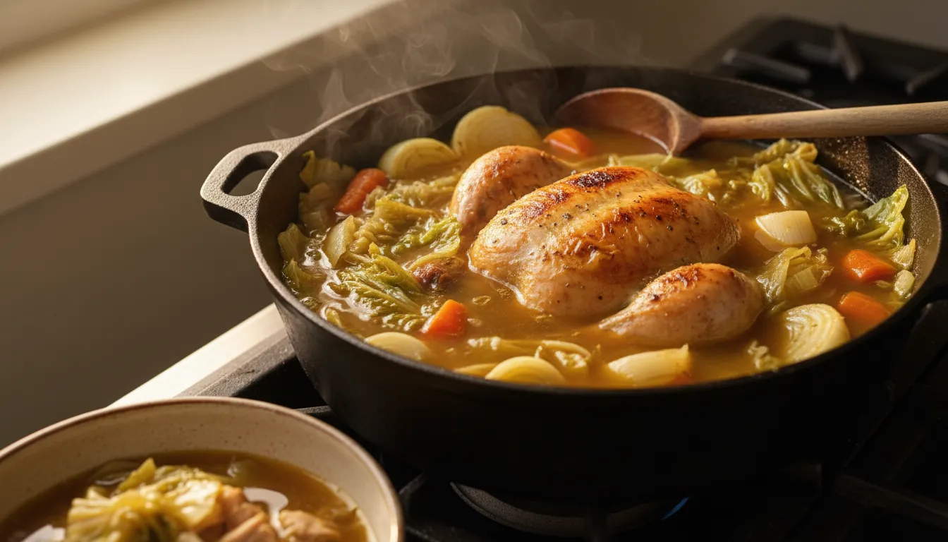 Close-up of a simmering pot with a whole chicken and Napa cabbage, leeks and onions releasing a golden broth, steam rising in a warm kitchen