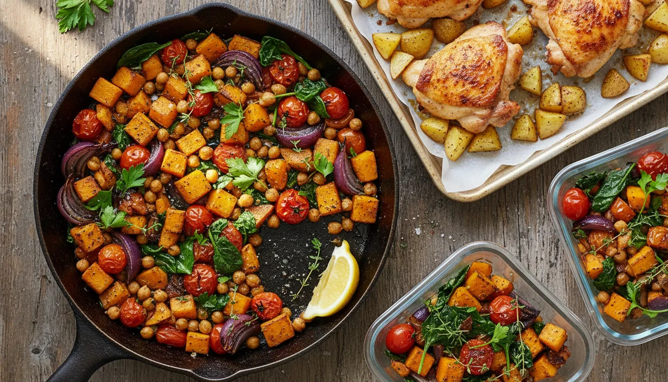 Overhead view of a cast-iron skillet with roasted butternut squash, chickpeas, cherry tomatoes and herbs, beside a tray of roasted chicken and glass meal-prep containers on a wooden table