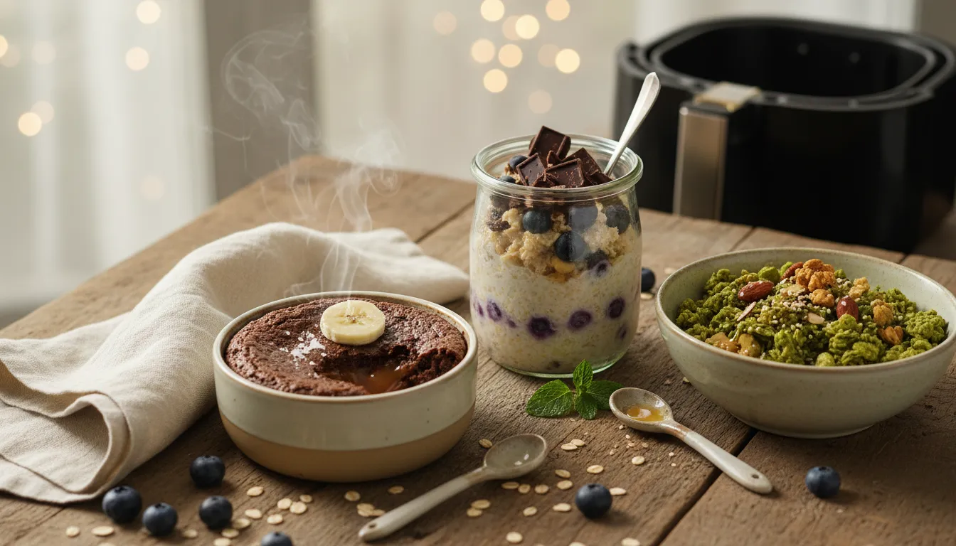 Three oat breakfasts on a wooden table: salted caramel brownie baked oat, blueberry overnight oat with chocolate topping, and nutty matcha granola bowl