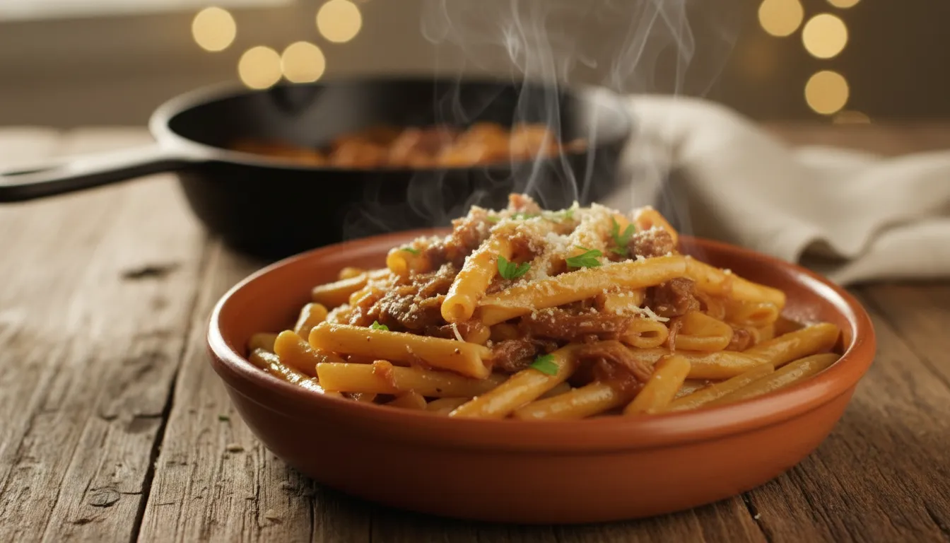 Steaming bowl of Pasta Genovese with long pasta coated in a glossy onion-forward sauce, caramelized onions and browned meat on a rustic wooden table in warm light