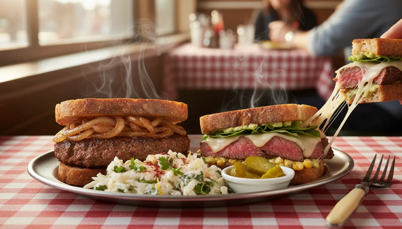 Two diner-style patty melts on a metal plate: a Persian-inspired open-face lamb-beef patty topped with caramelized onions and tangy labneh slaw, and a New York-style hanger steak patty melt with mid-rare steak, basil and a creamy avocado-charred corn spread.