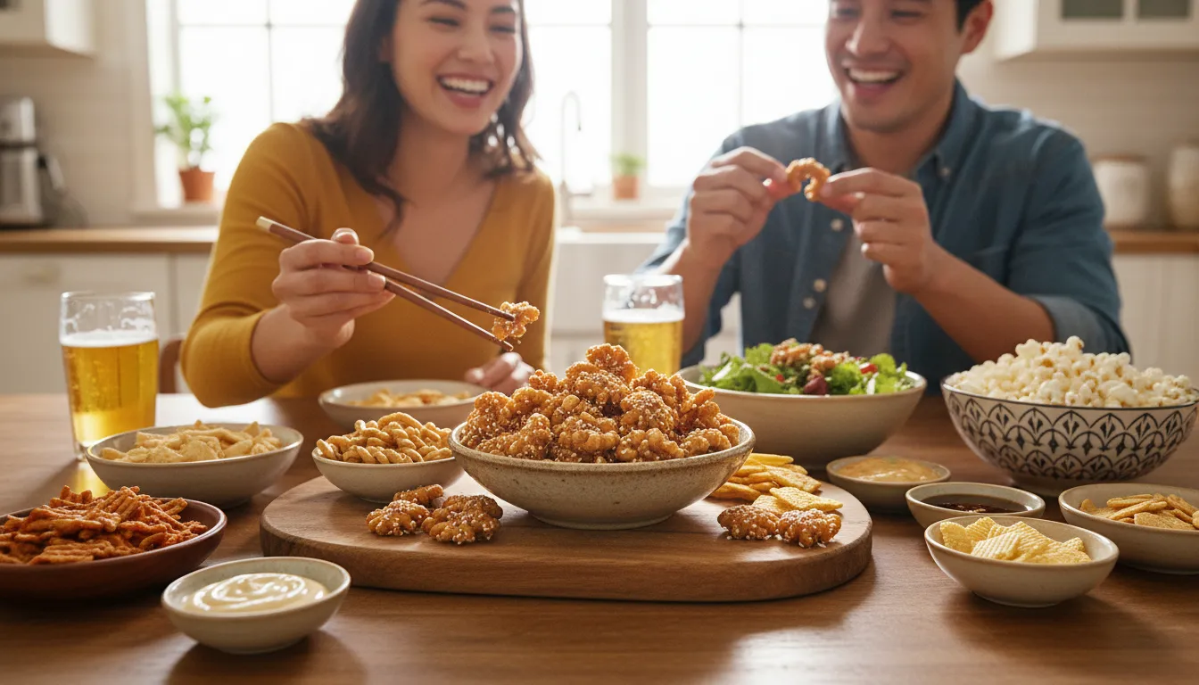 Two friends laughing at a sunlit kitchen table laden with Korean snacks, centered on a bowl of crunchy peanut-octopus snacks with small plates, dips and cold beers