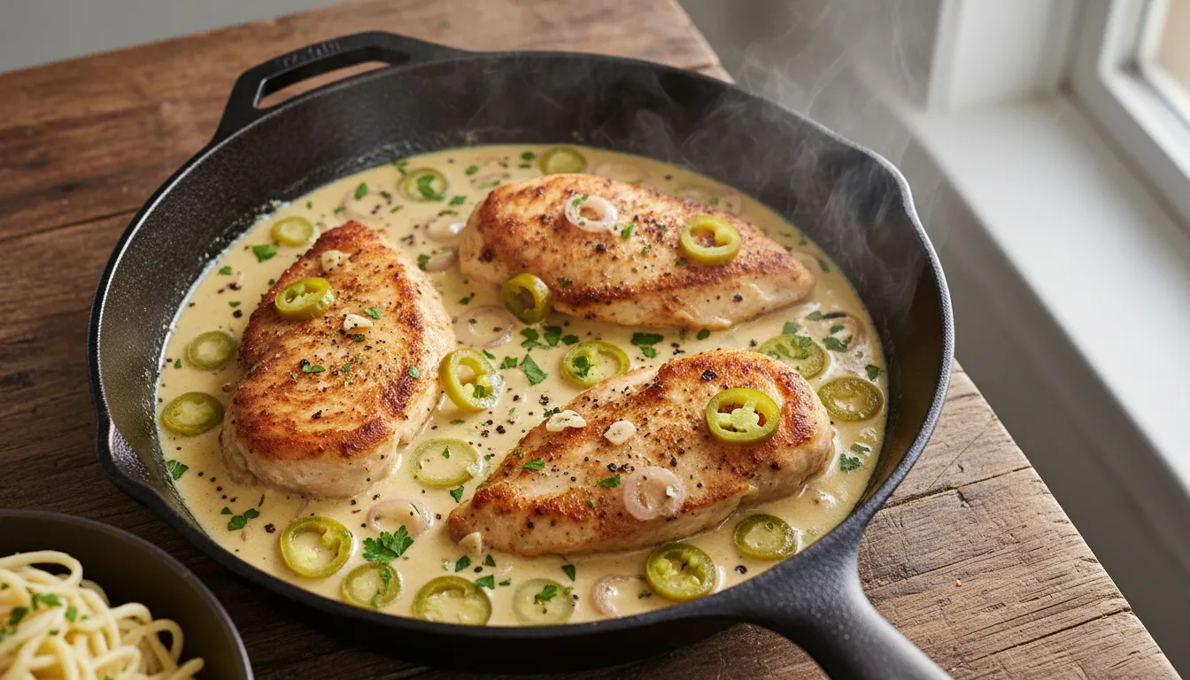 Skillet with golden-seared chicken in a creamy peperoncini sauce topped with sliced pickled peppers and parsley