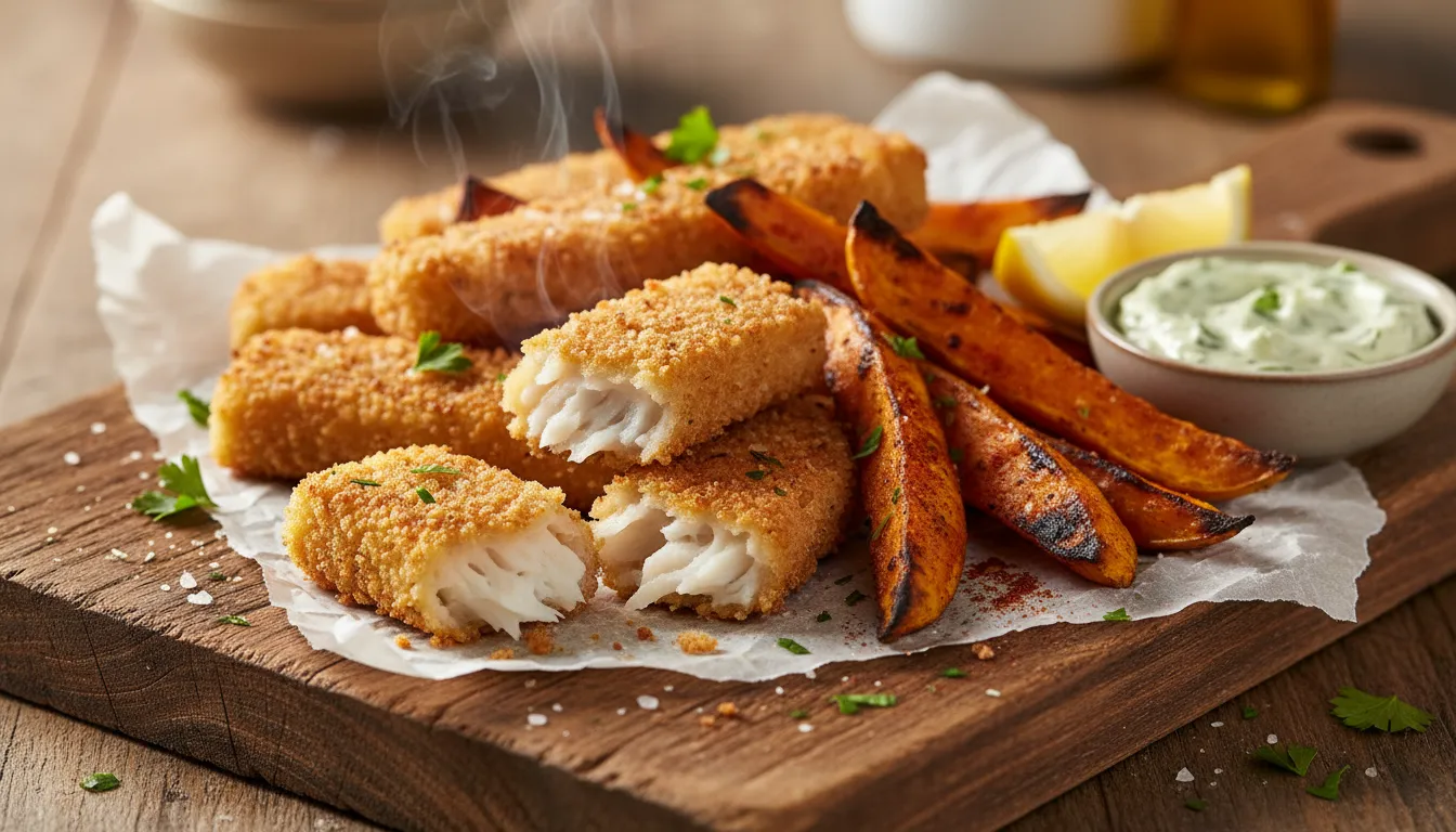 Golden pouting fish fingers with smoky sweet potato wedges and basil mayo on a rustic wooden board