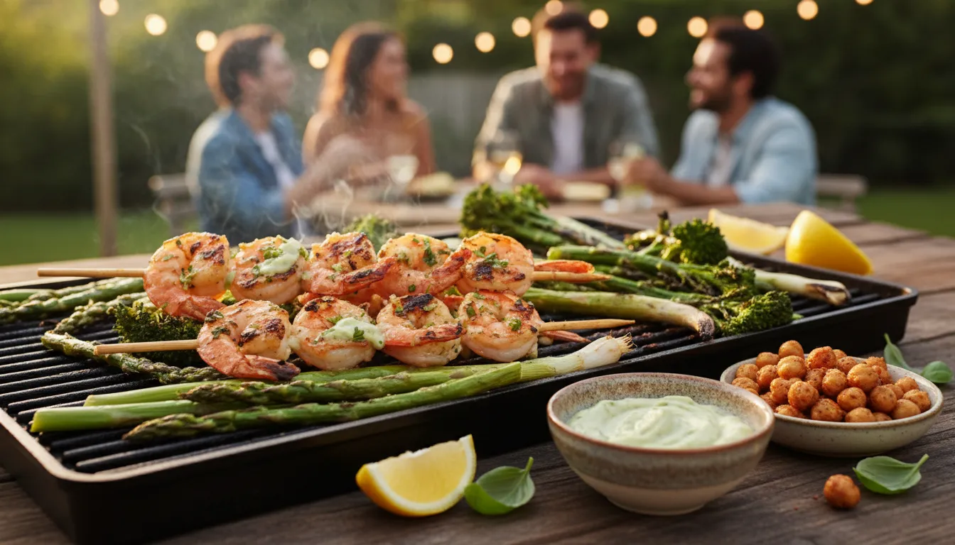 Prawn skewers with charred grill marks served with blistered vegetables, lemon-basil mayo and crispy spiced chickpeas at a summer BBQ