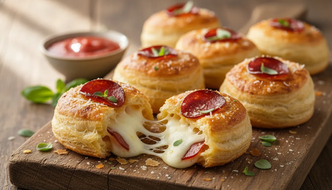 Close-up of golden puff pastry pizza poppers with melted cheese pull, pepperoni and fresh basil on a wooden board